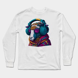 Digital AI Art Sheep Animal Wearing Headphones Long Sleeve T-Shirt